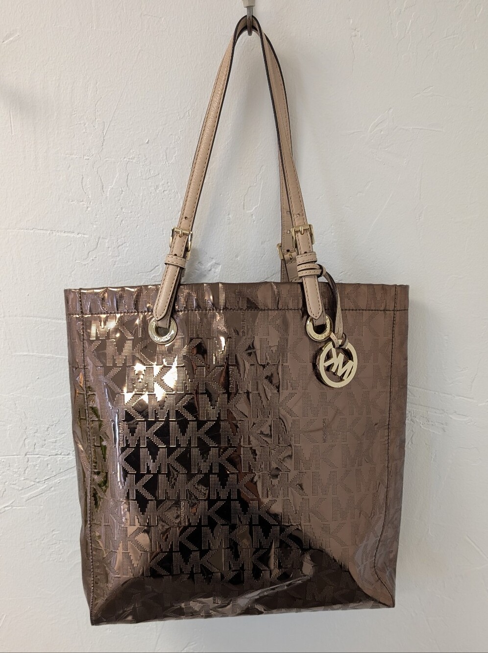 Michael Kors Metallic Bronze MK Monogram Patent Tote Bag Gold Hardware
